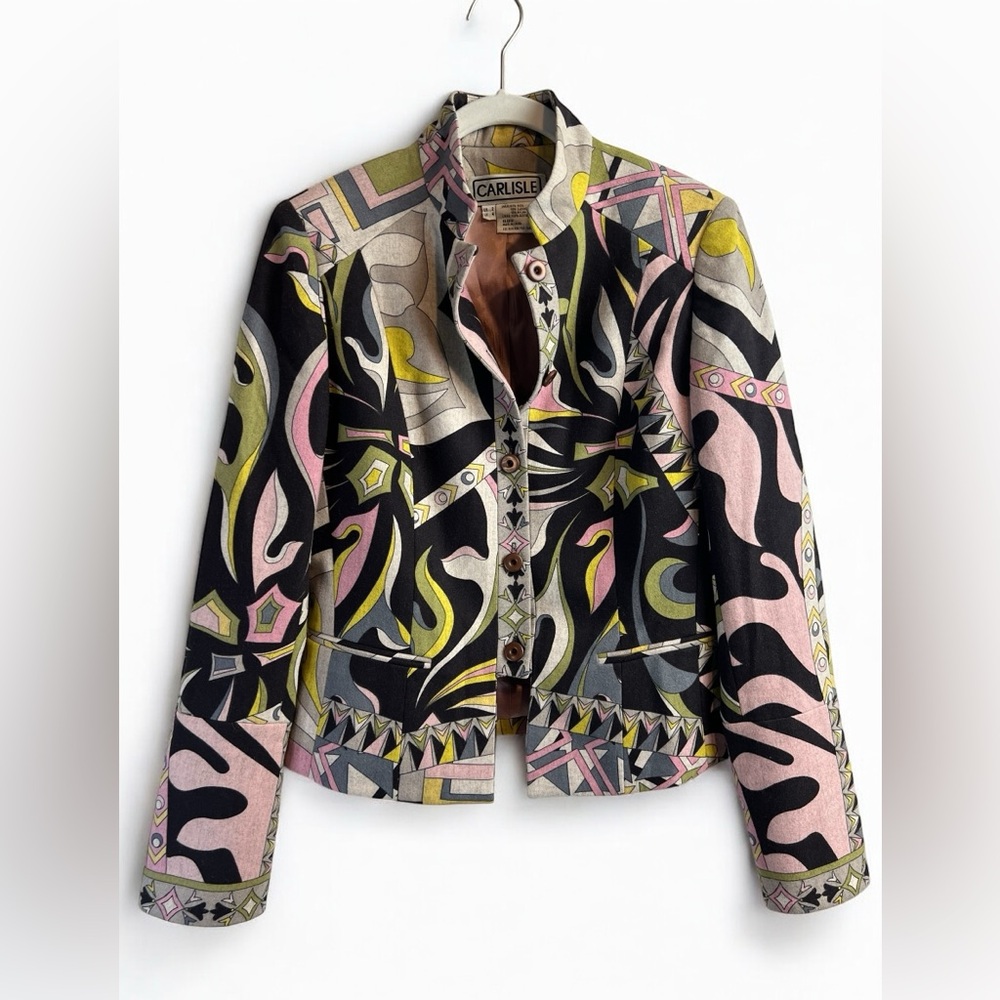 Retro Surrealist Abstract Print Wool Cashmere Blazer Jacket Size 2
